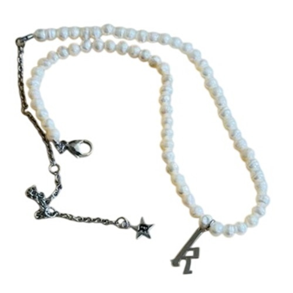 Dalmata Initial letter "K" Pearl Necklace Stainless Steel Pearl Goth Rockabilly